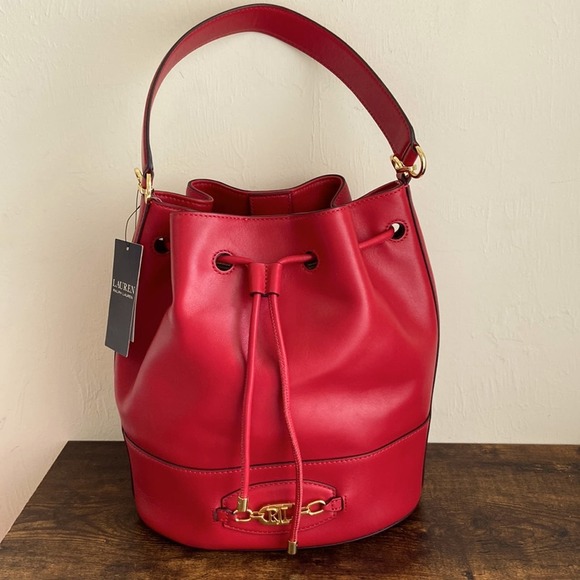 NWT MSRP$375 Ralph Lauren Leather Large Andie Drawstring bucket Bag Holiday Red - Picture 1 of 4